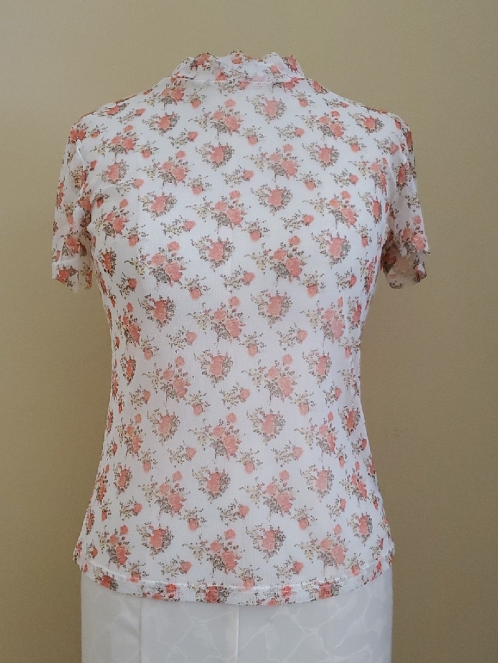 Ultra Flirt Sheer White Short-Sleeve Mock Neck Top with Pink Floral Print